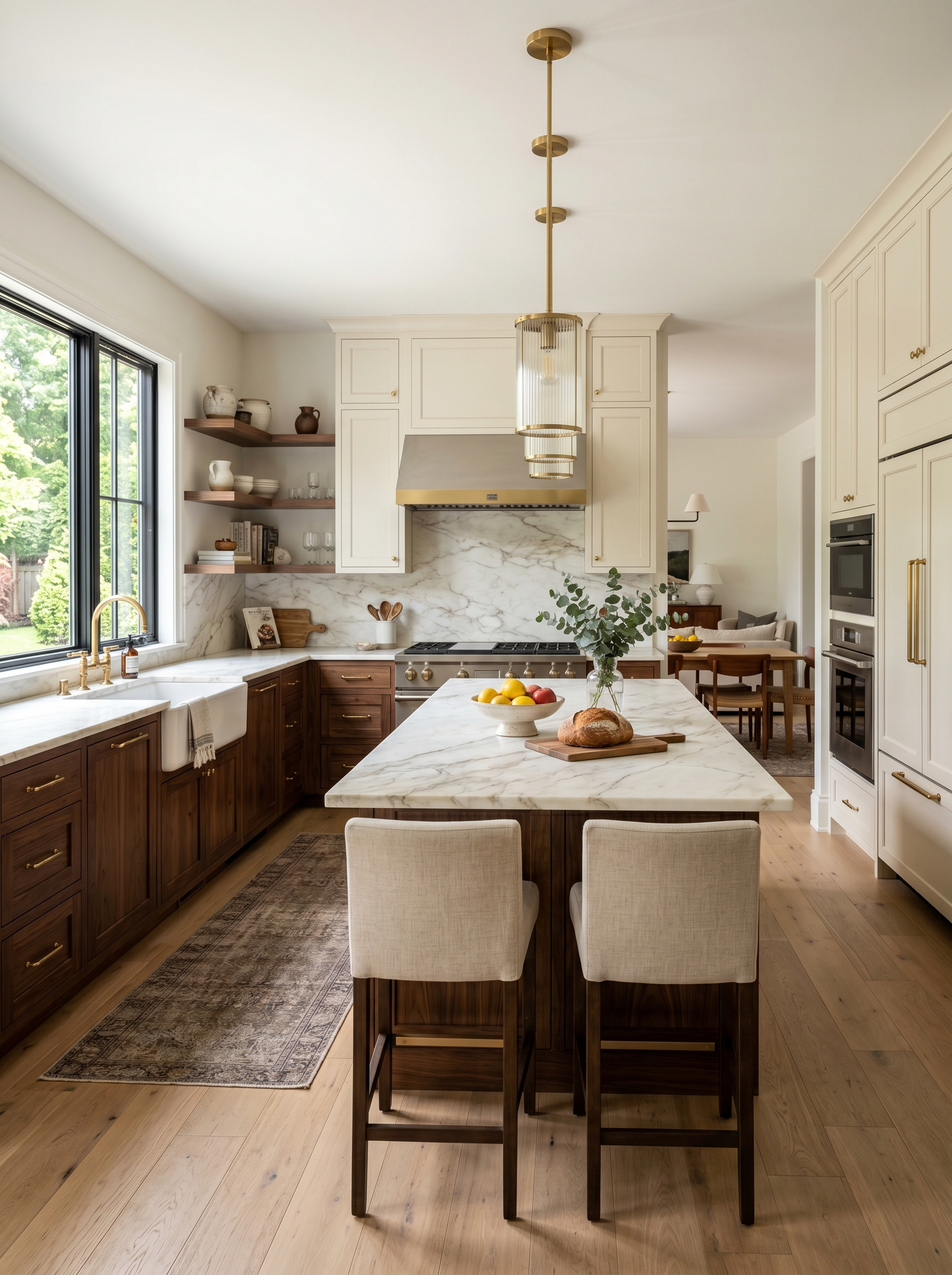 Industrial-style kitchen with exposed brick, matte black shelving brackets, and concrete countertops